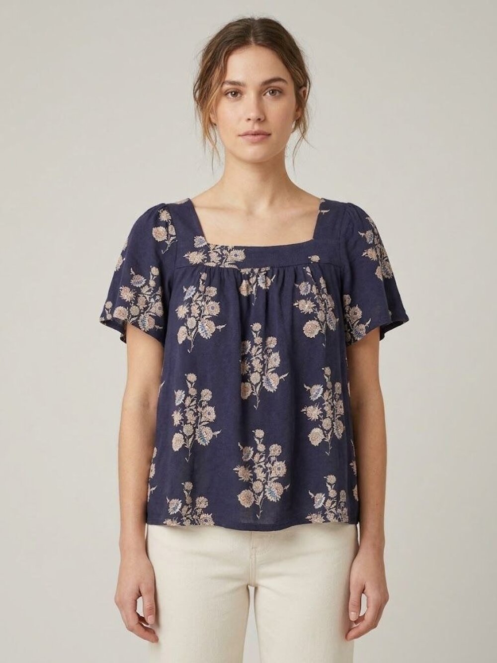 Lucky Brand Womens XL Navy Blue Floral Print Boho Blouse Square Neck Flutter Sle
